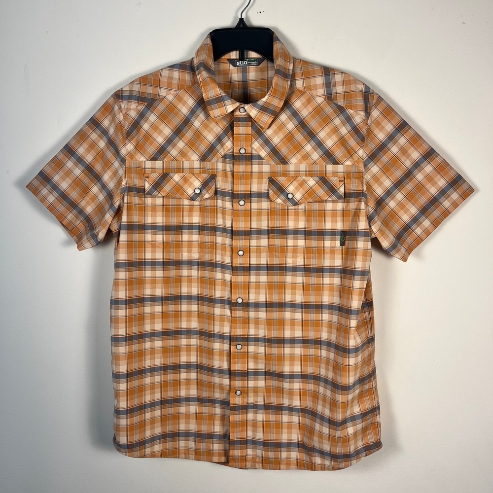 Stio Men Eddy Shirt Orange Plaid Western Pearl Snap Short Sleeve Large Gorpcore